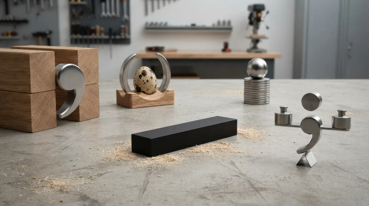 A workshop bench where four machined steel punctuation marks are each mid-task: a comma bracing two wooden blocks, parentheses cradling a speckled egg, a period capping a stack of discs, a semicolon balancing two weights on a fulcrum. In the open middle of the bench one matte black bar lies flat in a scatter of sawdust, doing nothing