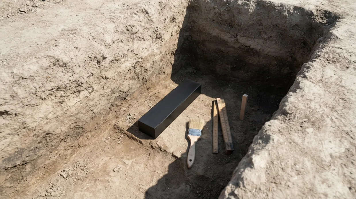 An excavation trench in dry pale earth shot from above, with one matte black bar half-buried in the lowest layer, brushed clean and completely undamaged, beside an archaeologist’s brush, a folding ruler and a numbered marker peg