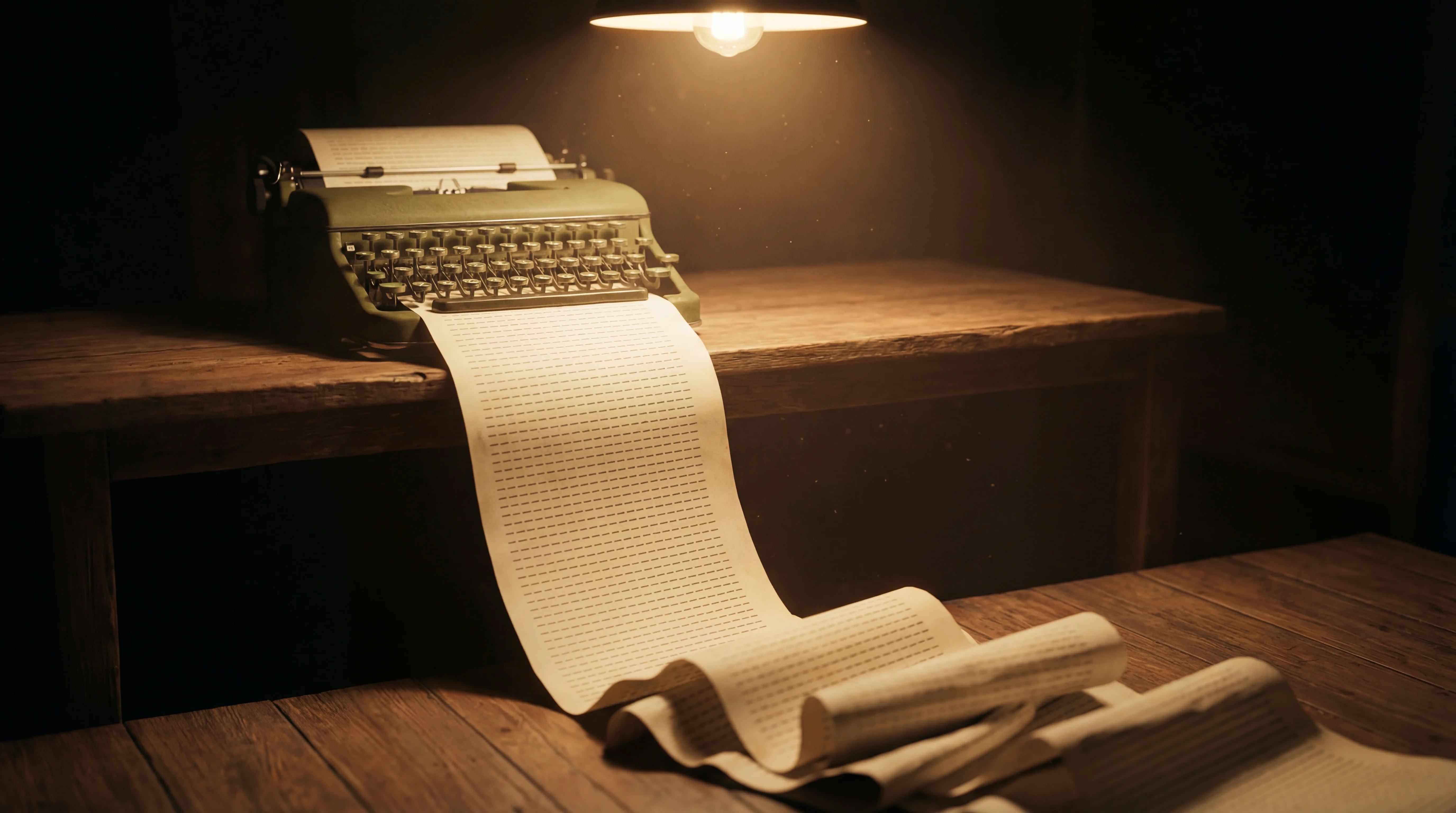 A vintage typewriter with a continuous sheet of paper cascading to the floor, printed with nothing but em dashes