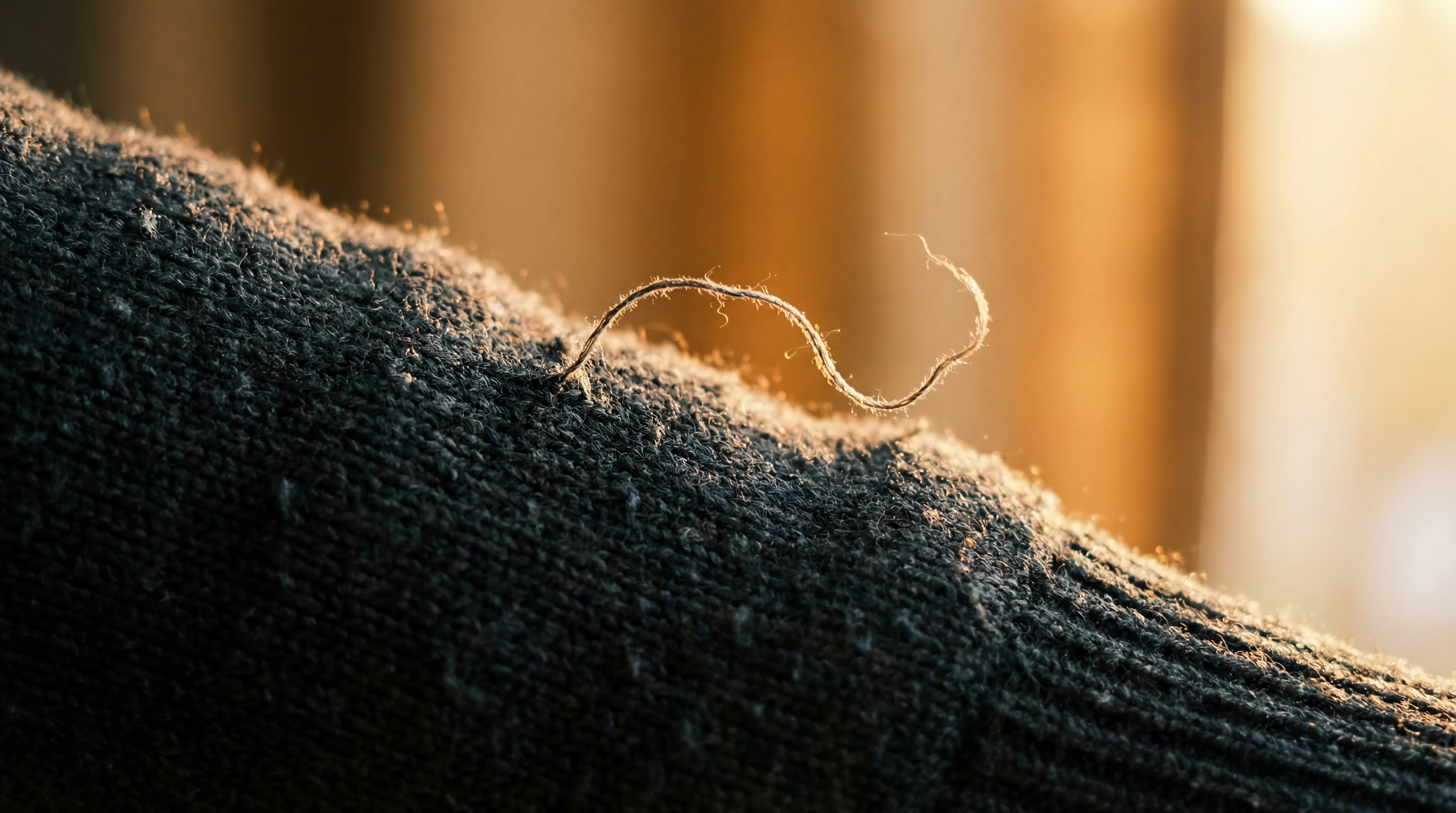 A single loose thread on a dark charcoal sweater, caught in warm sidelight