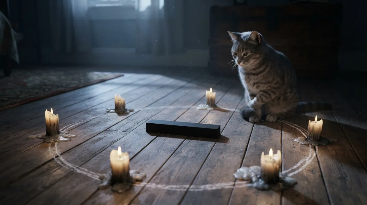A chalk summoning circle on a dark wooden floor, ringed by burnt-down candles, with a single matte black bar sitting in the center and a gray cat watching from just outside the line