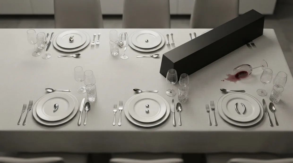A formal dinner table shot from above, five place settings each holding a small polished punctuation mark, with one enormous matte black bar lying diagonally across the table having shoved two settings aside and knocked over a glass of red wine
