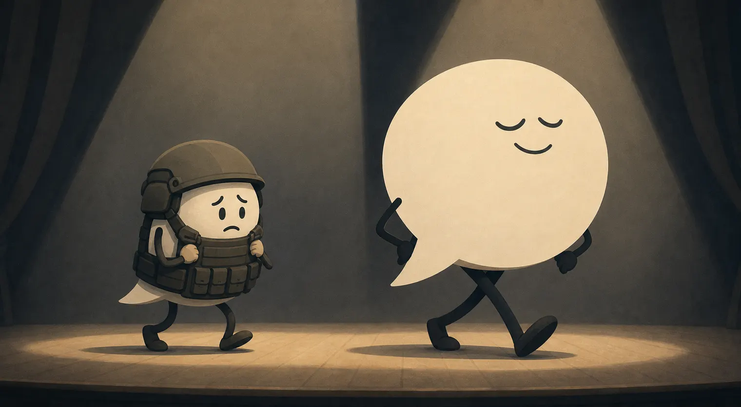 A small speech bubble in a tactical vest and helmet tiptoeing across a spotlit stage while a large bare speech bubble strides up confidently behind it, hands in pockets