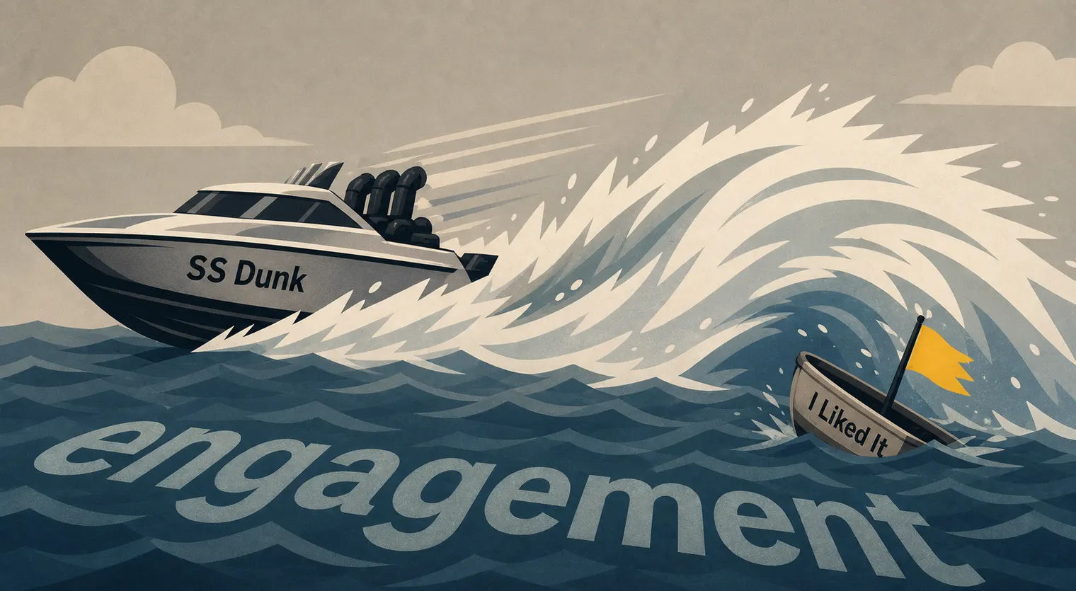 Two boats on a sea labeled engagement: a speedboat named SS Dunk throwing an enormous wake while a tiny dinghy named I Liked It sinks with only its flag still showing