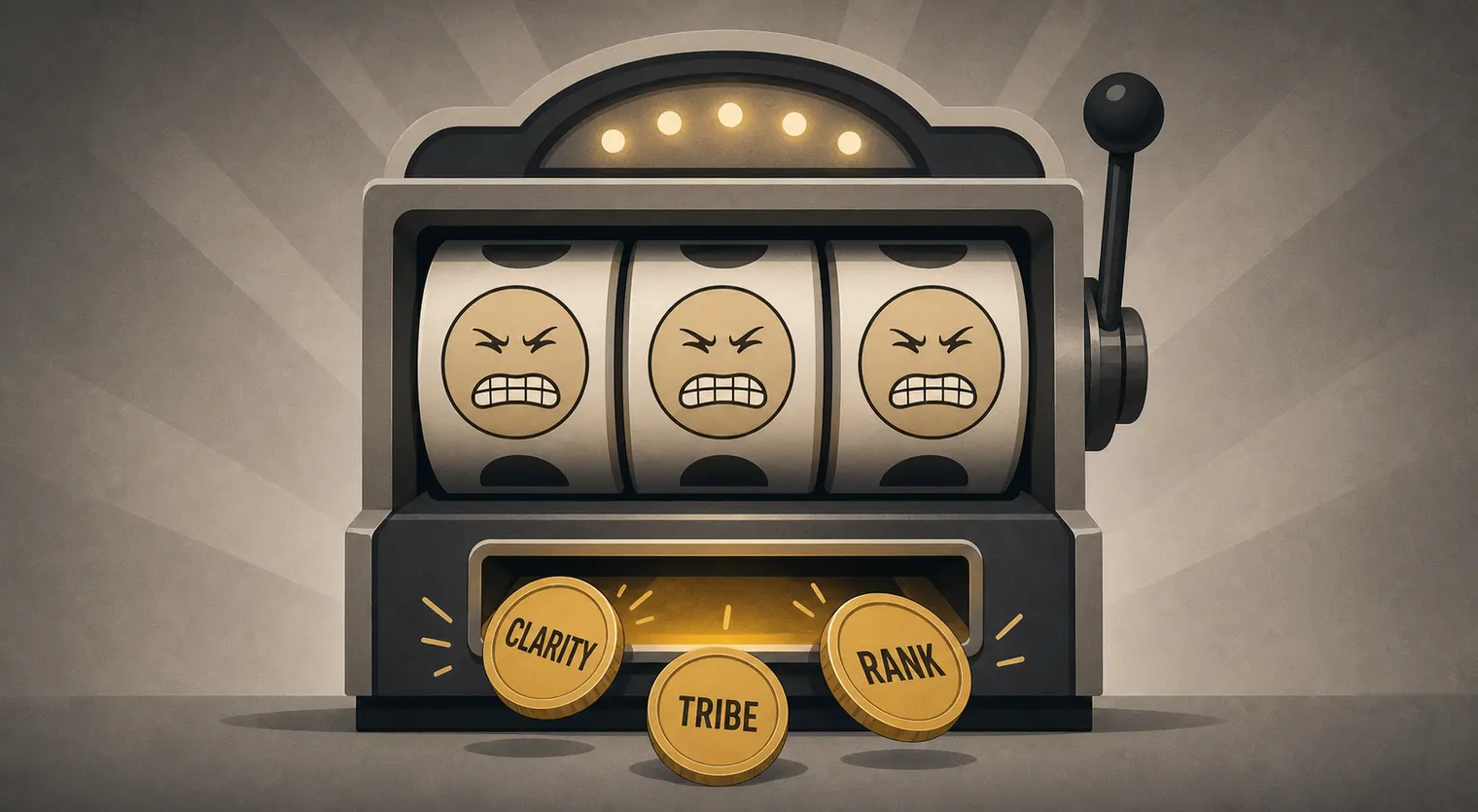 A slot machine with all three reels landed on identical grimacing faces for a jackpot, paying out three little medals stamped CLARITY, TRIBE, and RANK