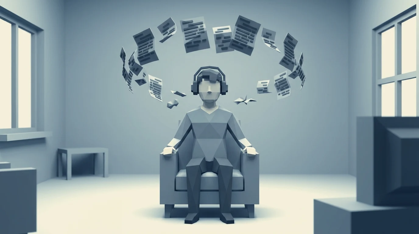 A low-poly reader recoiling from a glowing tutorial page while the room stays quiet around them
