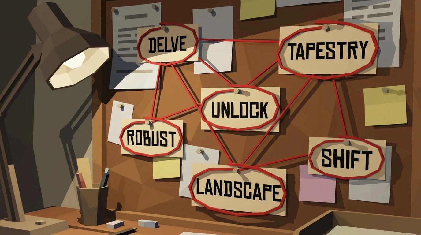 A low-poly corkboard investigation scene with the words DELVE, TAPESTRY, UNLOCK, ROBUST, LANDSCAPE, and SHIFT pinned and connected with red string