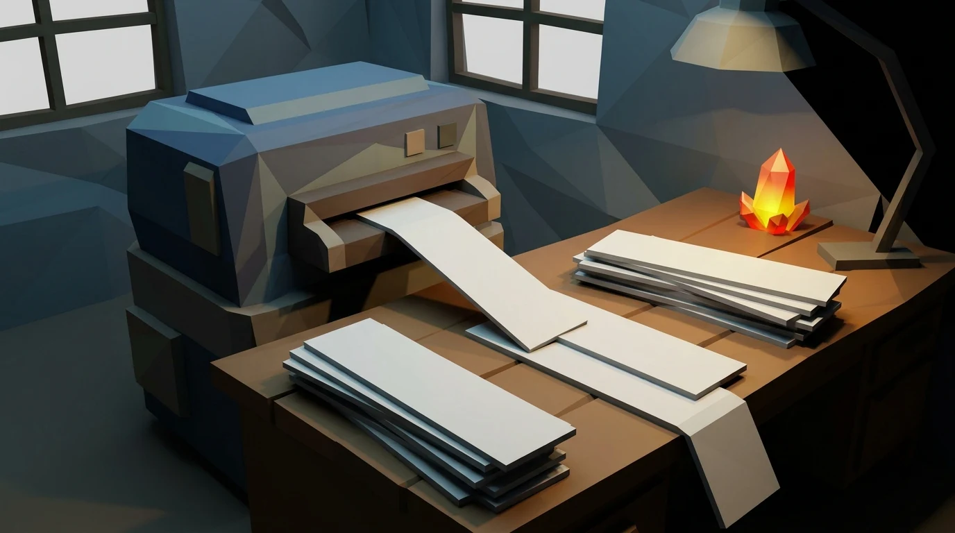 A low-poly machine pouring flawless paragraph strips onto a desk while a small glowing subject sits ignored nearby