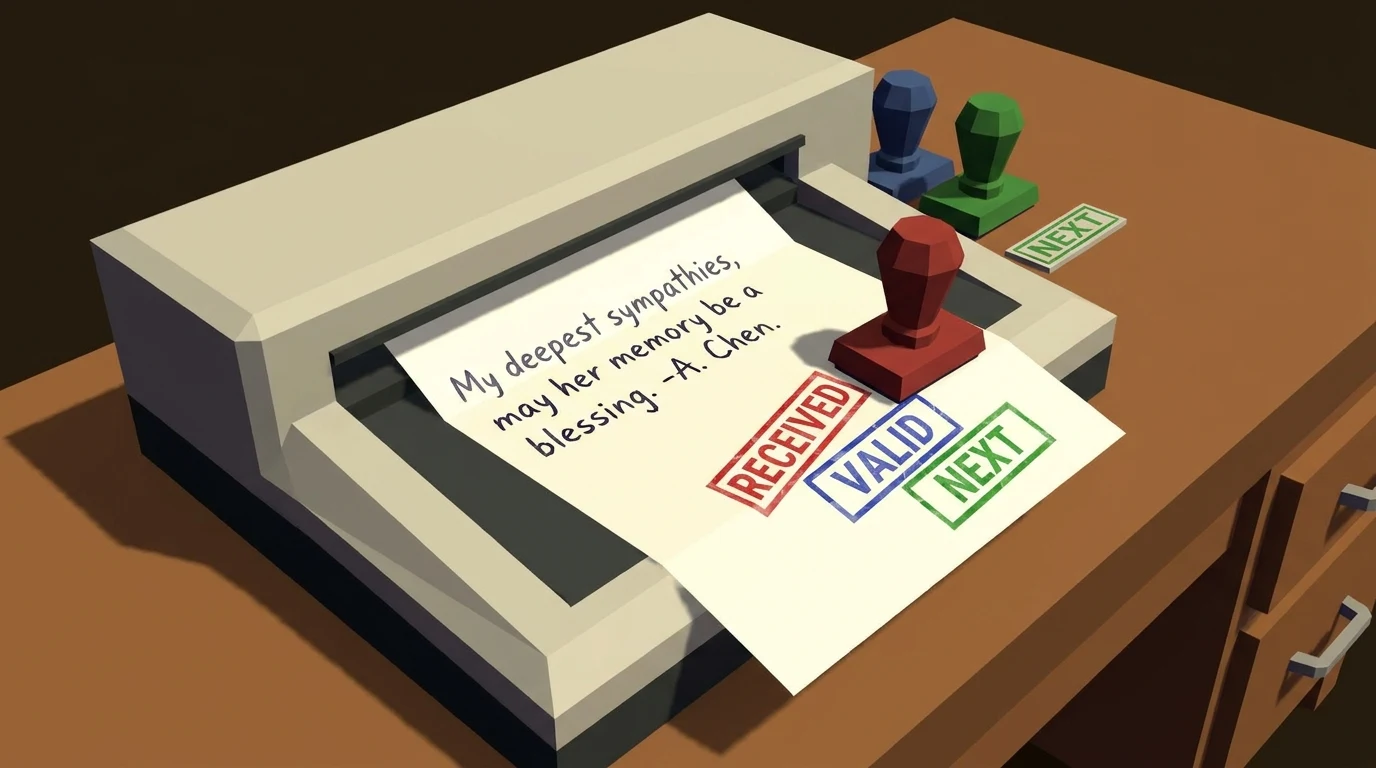 A low-poly sympathy desk issuing a support ticket from a condolence machine while a small figure stands beside a funeral bouquet