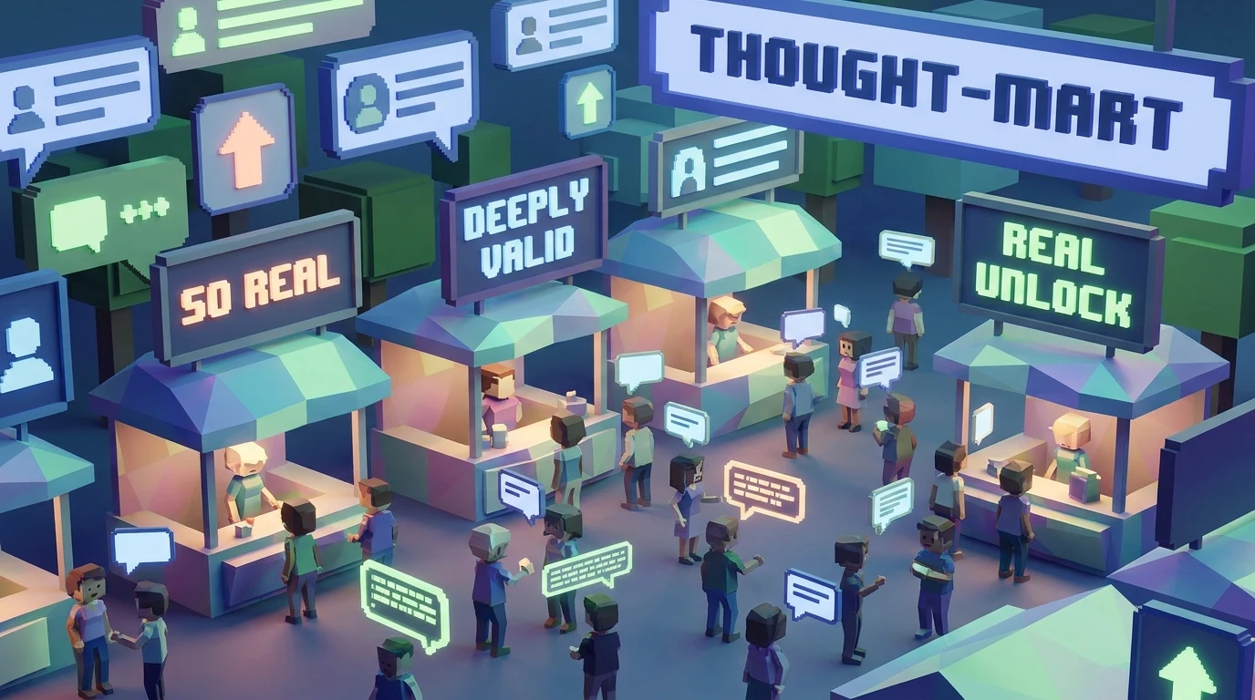 A low-poly comment section imagined as a marketplace with stalls selling empty engagement replies like SO REAL, DEEPLY VALID, and REAL UNLOCK