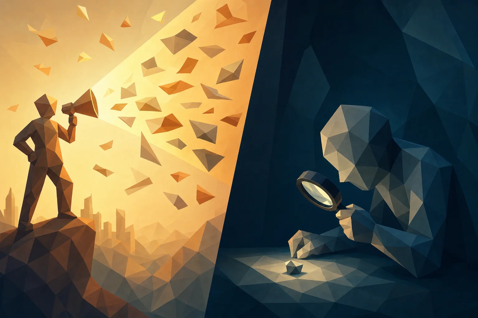 A low-poly split composition: on the left a figure broadcasts outward through a megaphone surrounded by scattered flyers, on the right a quiet figure leans inward with a magnifying glass over a tiny object