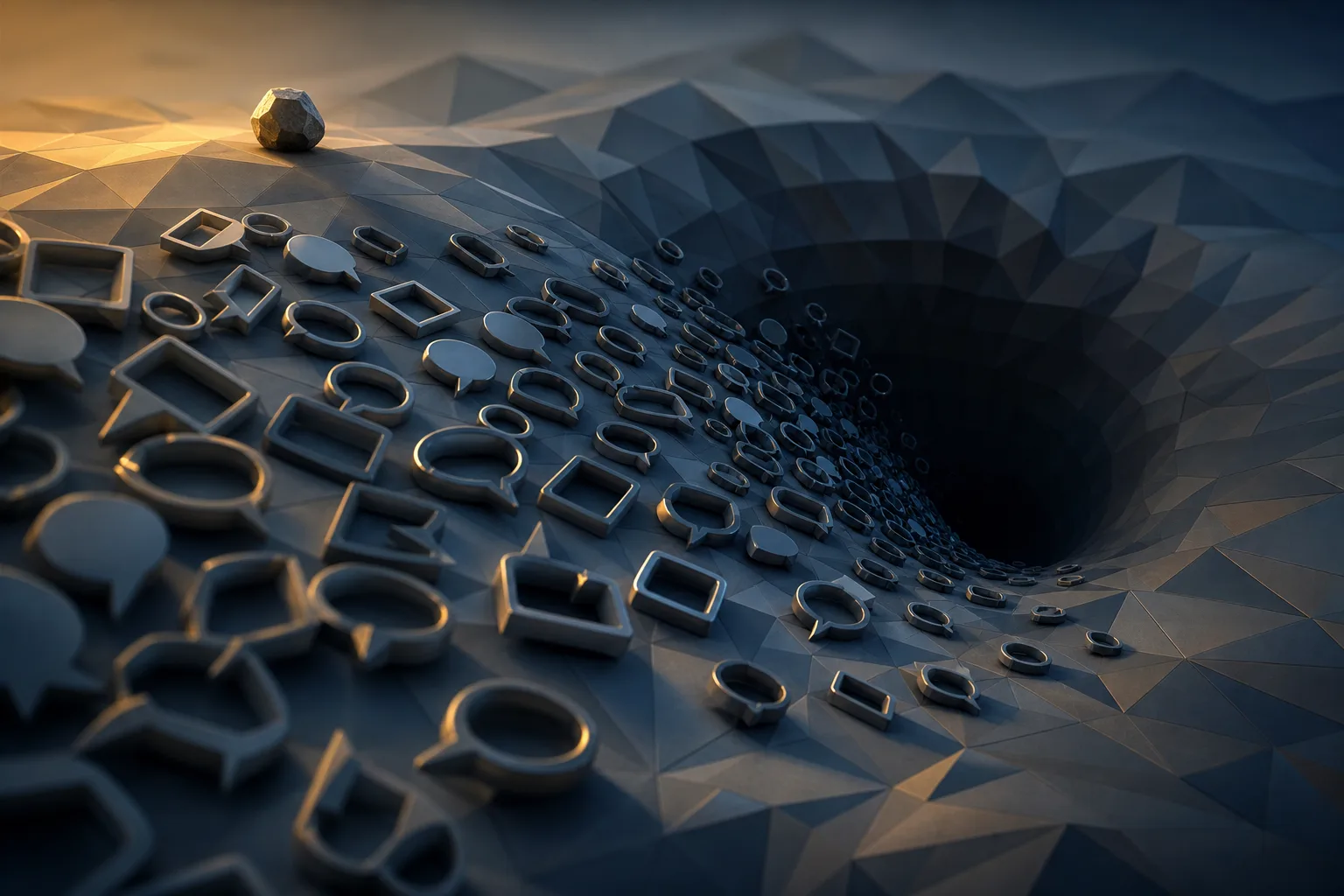 A low-poly abstract landscape where polished hollow communication shapes slide into a dark gravity well while one rough stone resists at the edge