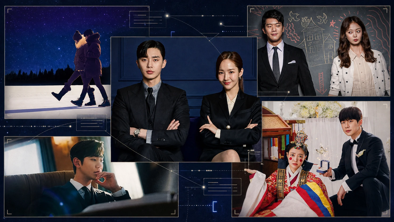 A collage of Korean romantic-comedy artwork connected by fine data lines and bracketed interface marks