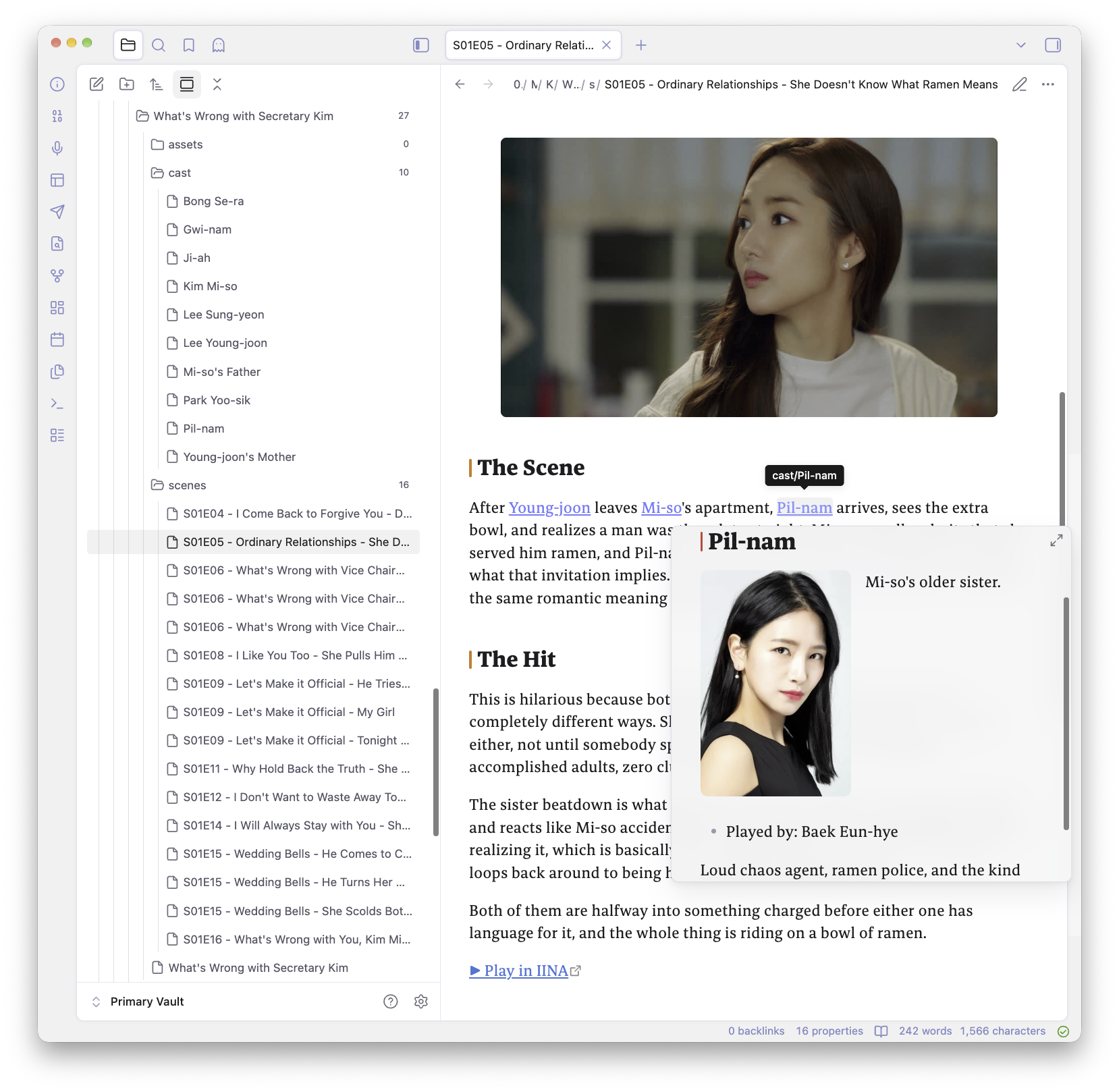 An Obsidian scene note about the ramen conversation in What's Wrong with Secretary Kim, with Pil-nam's cast photo and details open over her linked name.