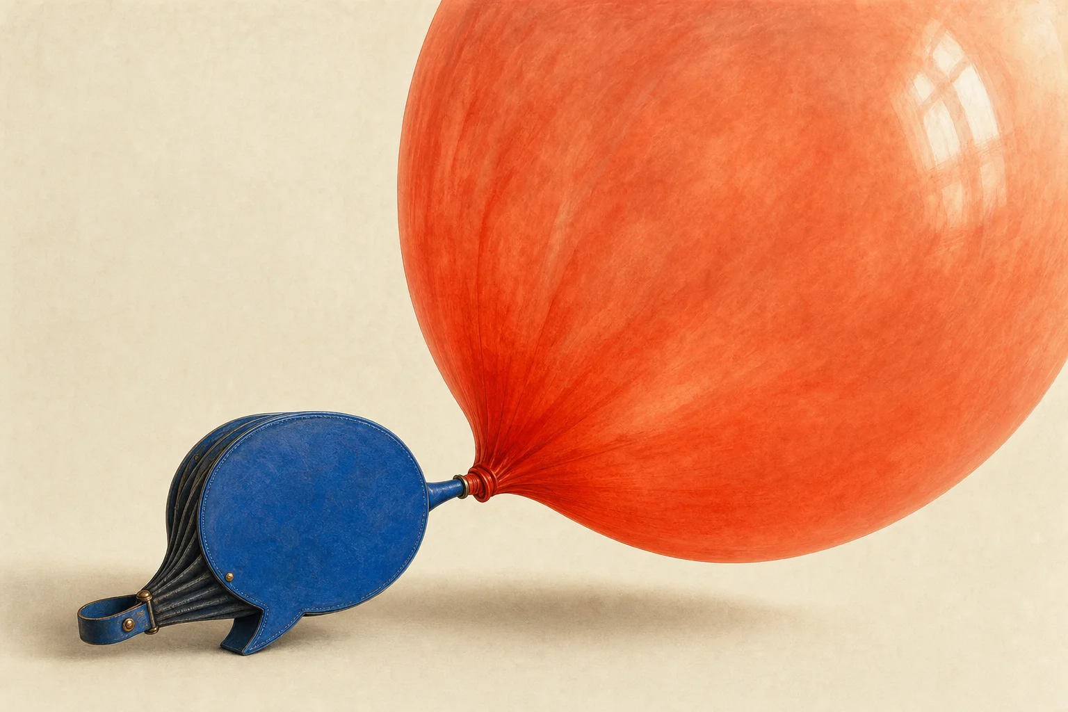 A speech bubble shaped bellows inflates a red balloon until it strains