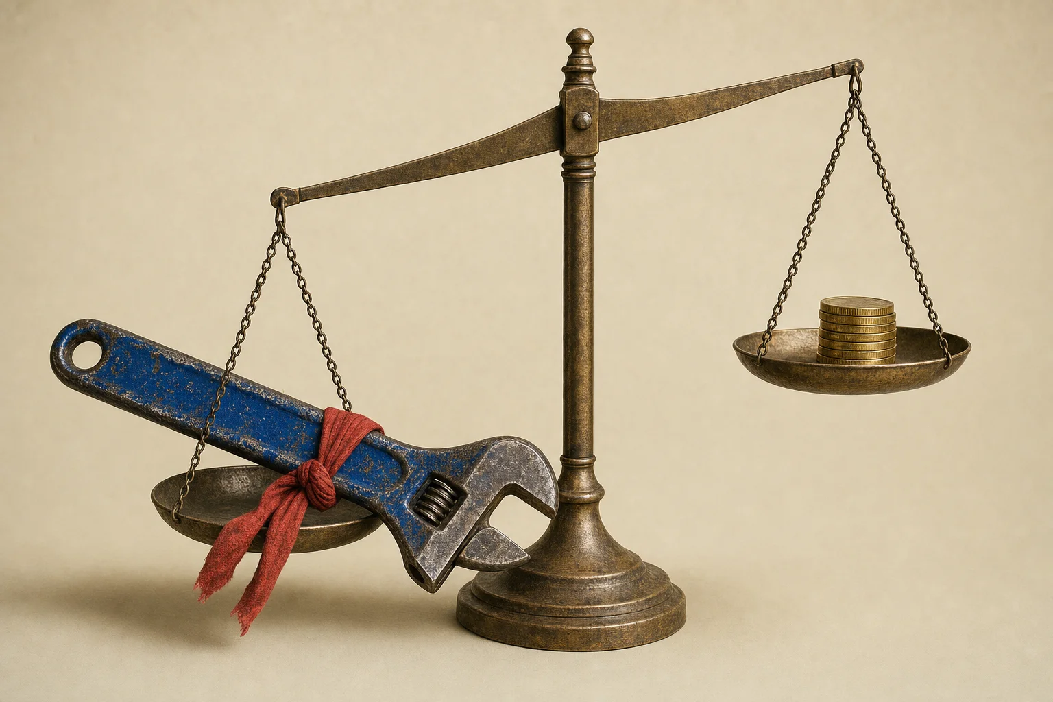 A worn wrench balances against a small stack of coins