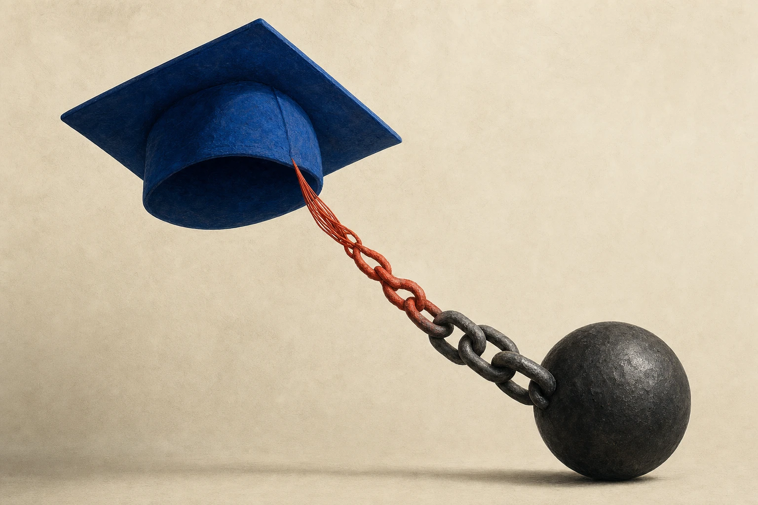 A graduation cap's tassel becomes a heavy chain attached to an iron ball