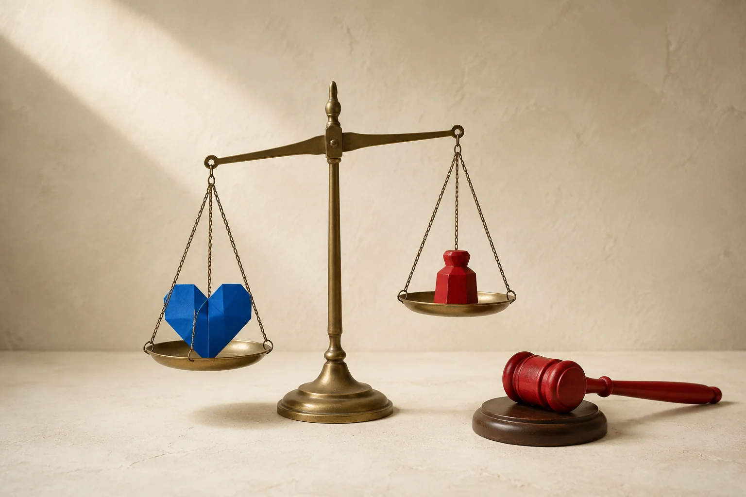 A blue paper heart rests on brass scales of justice opposite a red weight, with a red gavel resting beside them