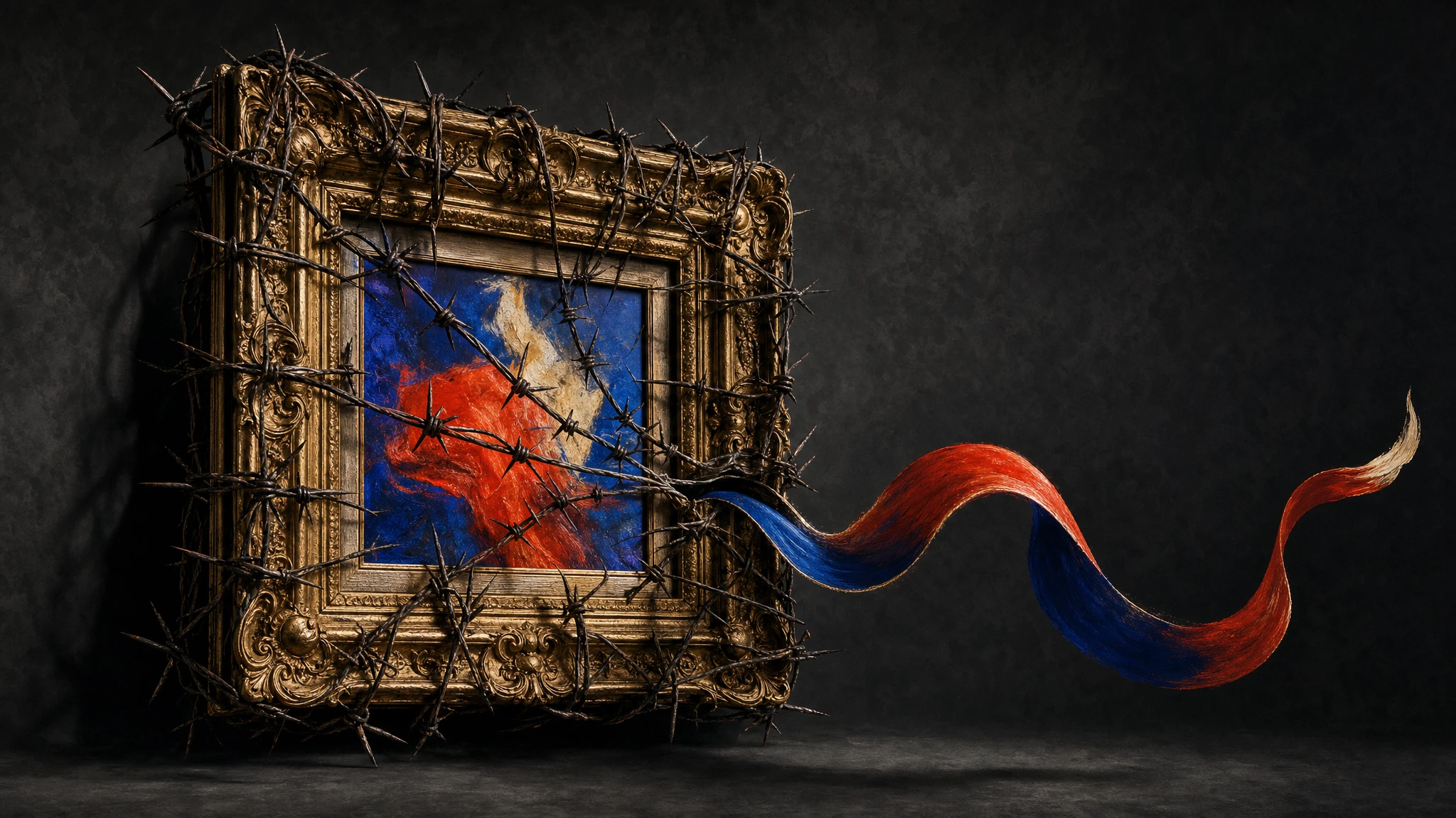 A vivid abstract painting sits inside a gold frame wrapped in barbed wire