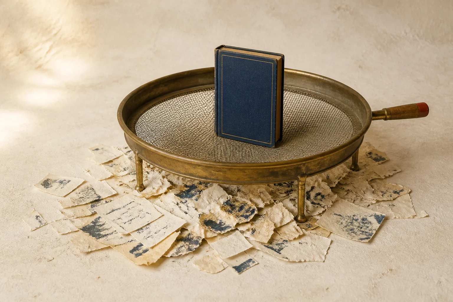 A blue clothbound book stands in an antique brass sieve above a drift of discarded paper fragments