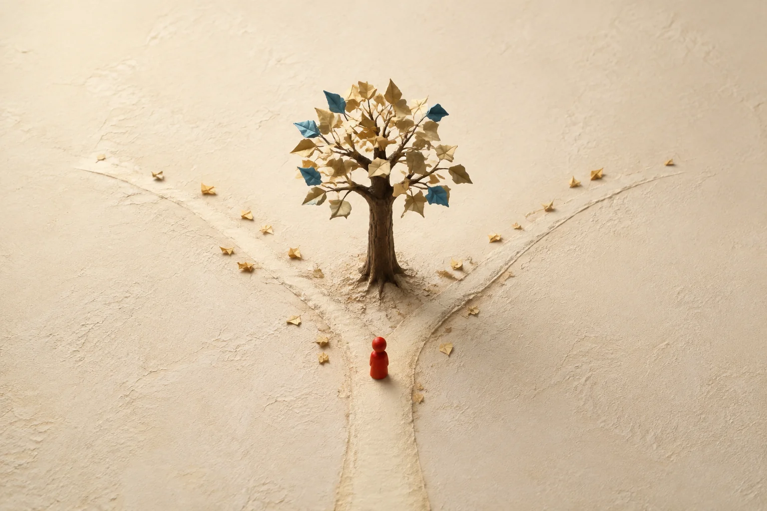 A small red wooden figure stands at a fork in a miniature woodland path, with equally leaf-strewn branches on either side of a paper tree