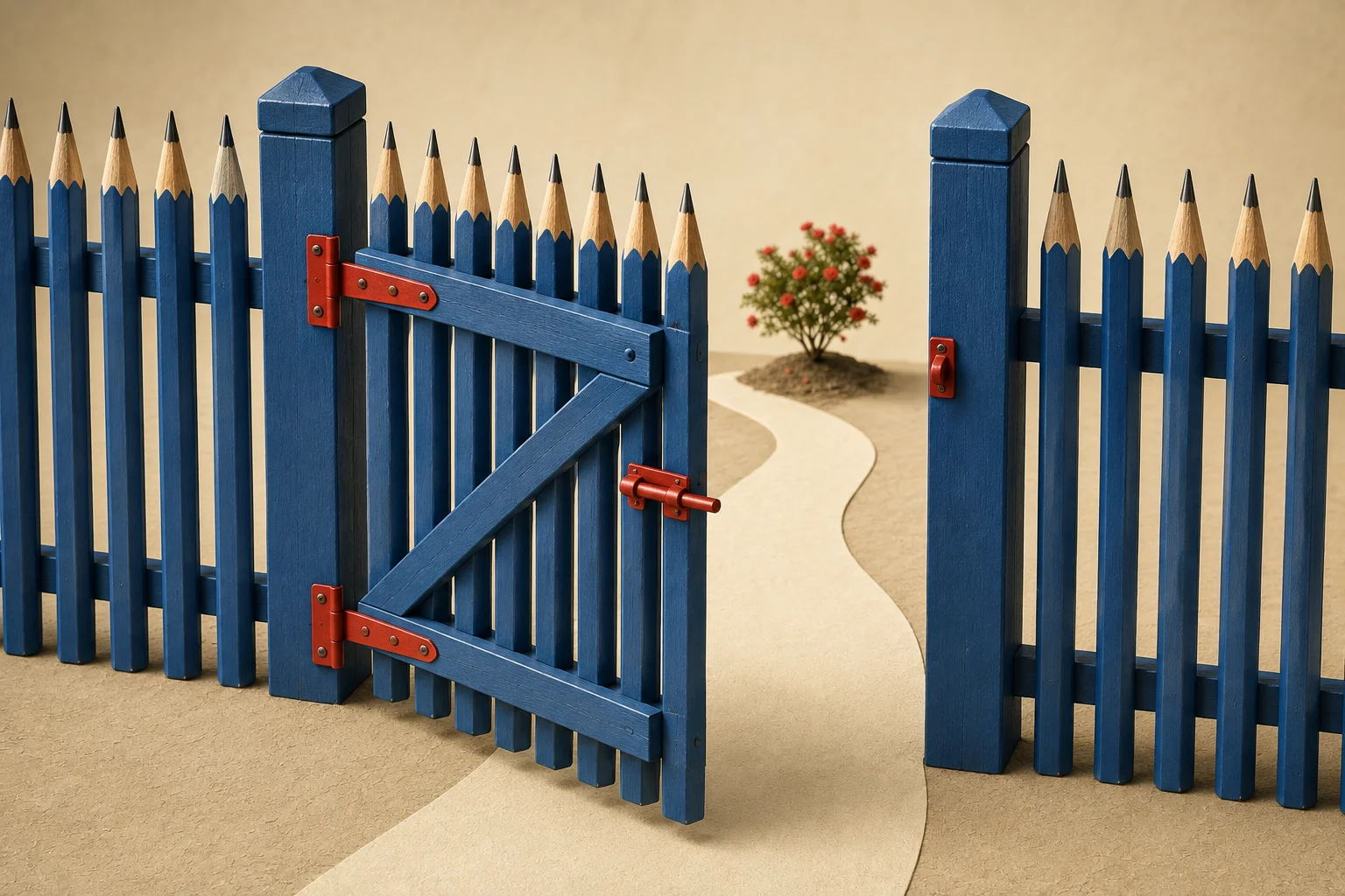 A pencil fence has one open gate with hinges on the left and a latch on its free edge