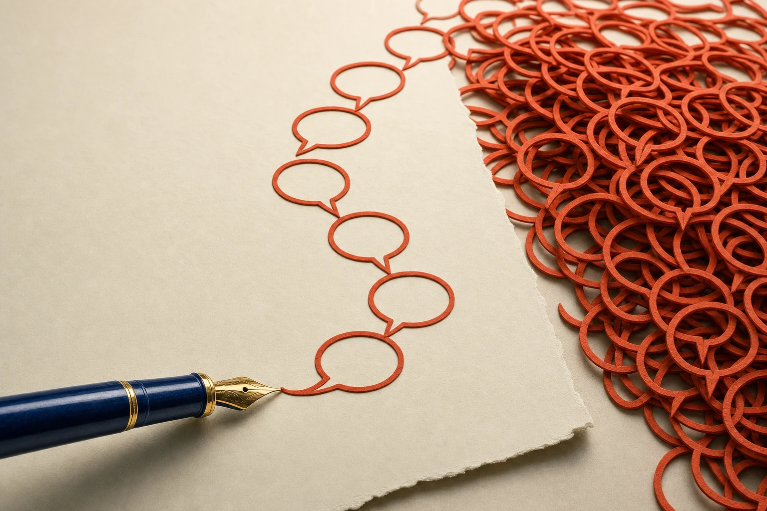 A fountain pen produces rows of identical empty speech bubbles