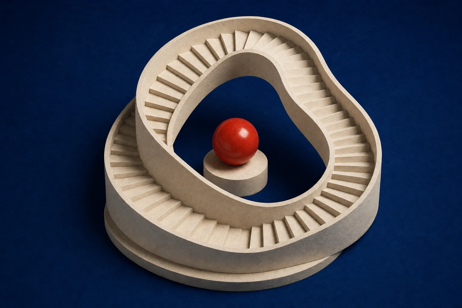 A circular staircase keeps climbing around a finished red sculpture