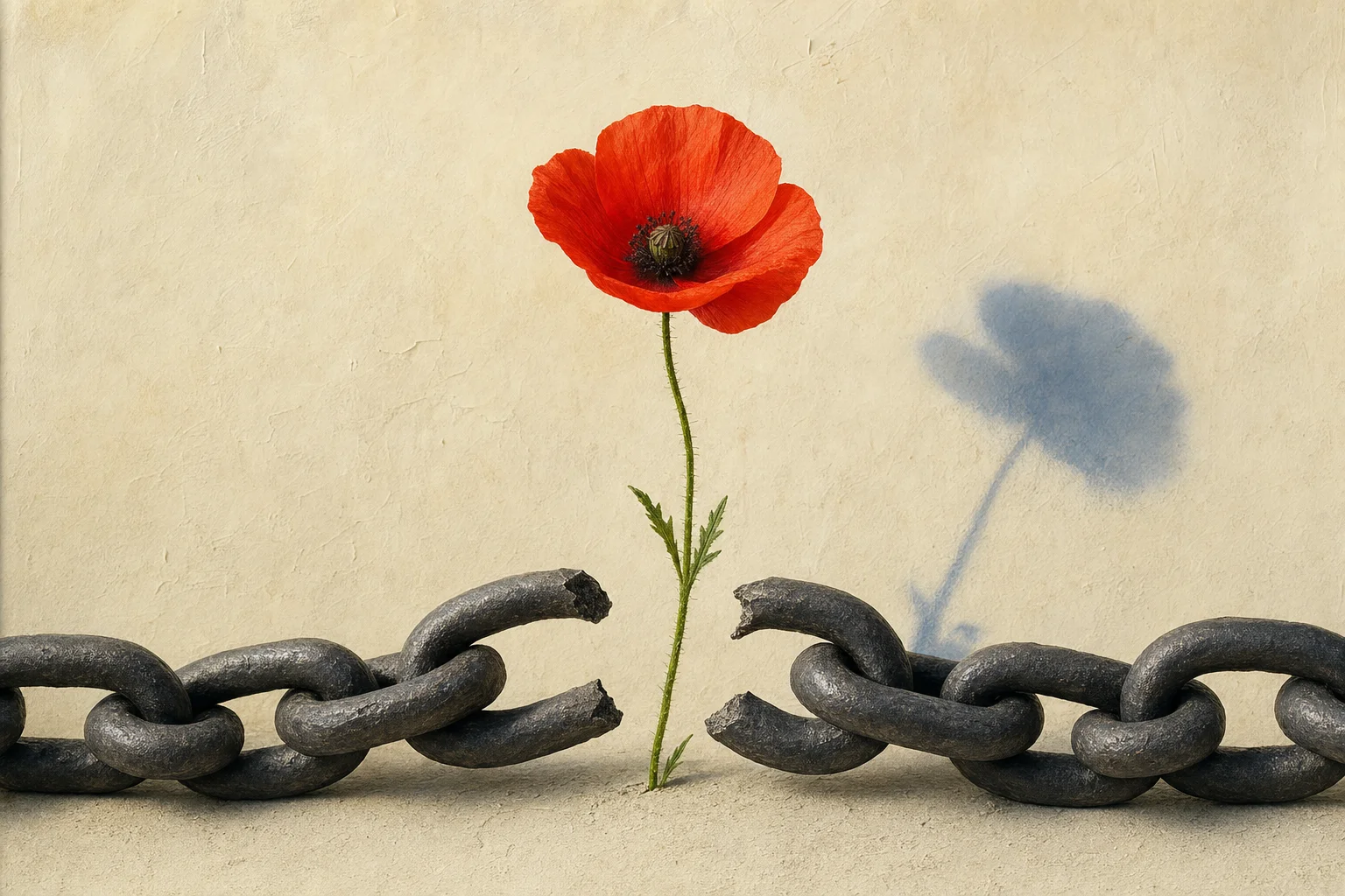 A flower grows through a broken iron chain