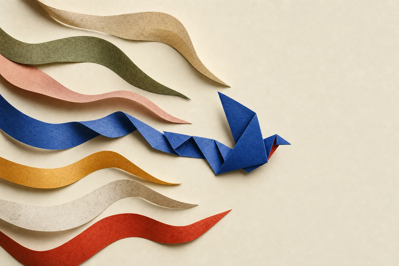A selected ribbon of color folds into a sculptural bird