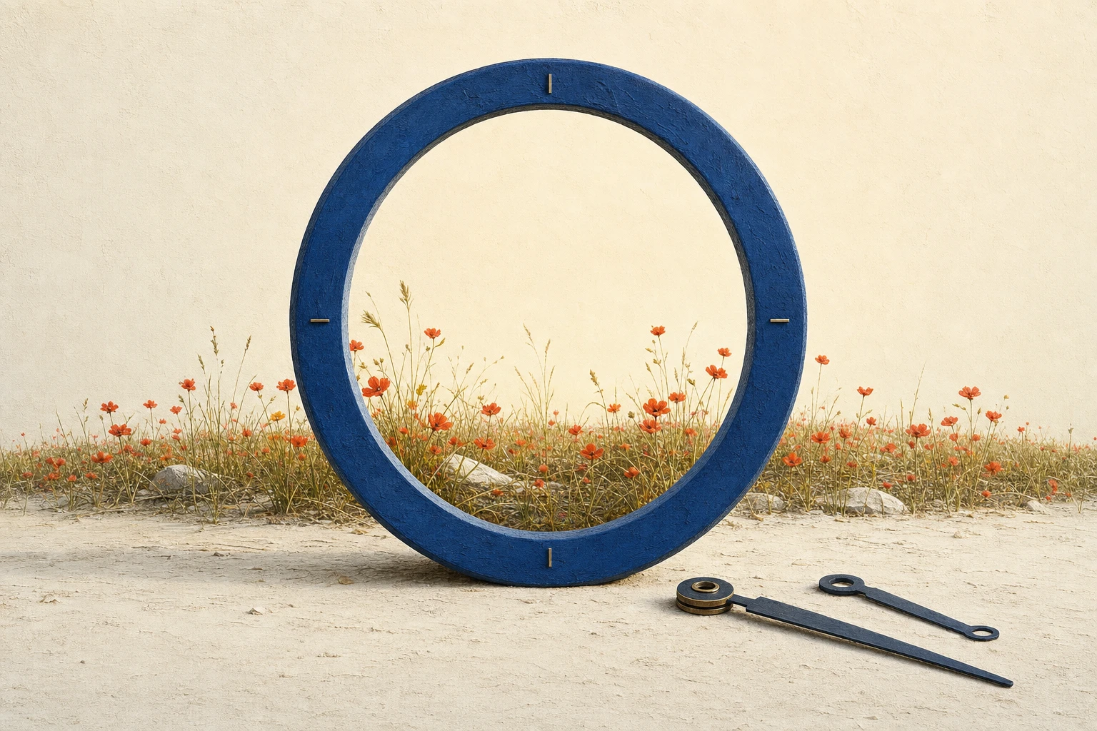 A clock's open circular case frames a small patch of wild meadow