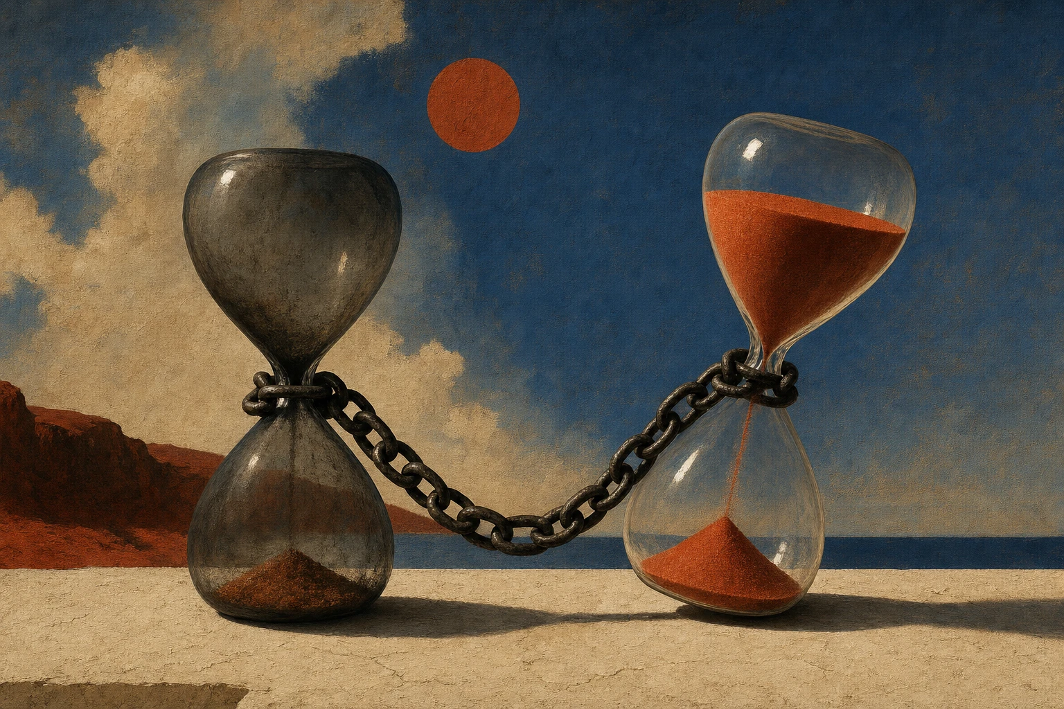 An empty hourglass is chained to a full hourglass